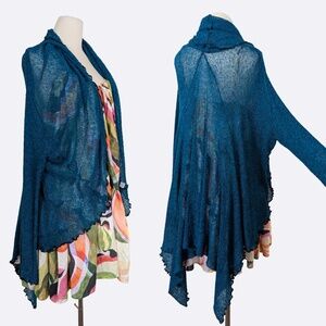 Teal Knit Cardigan Shawl Long Bell Sleeve Turquoise High Low Loose